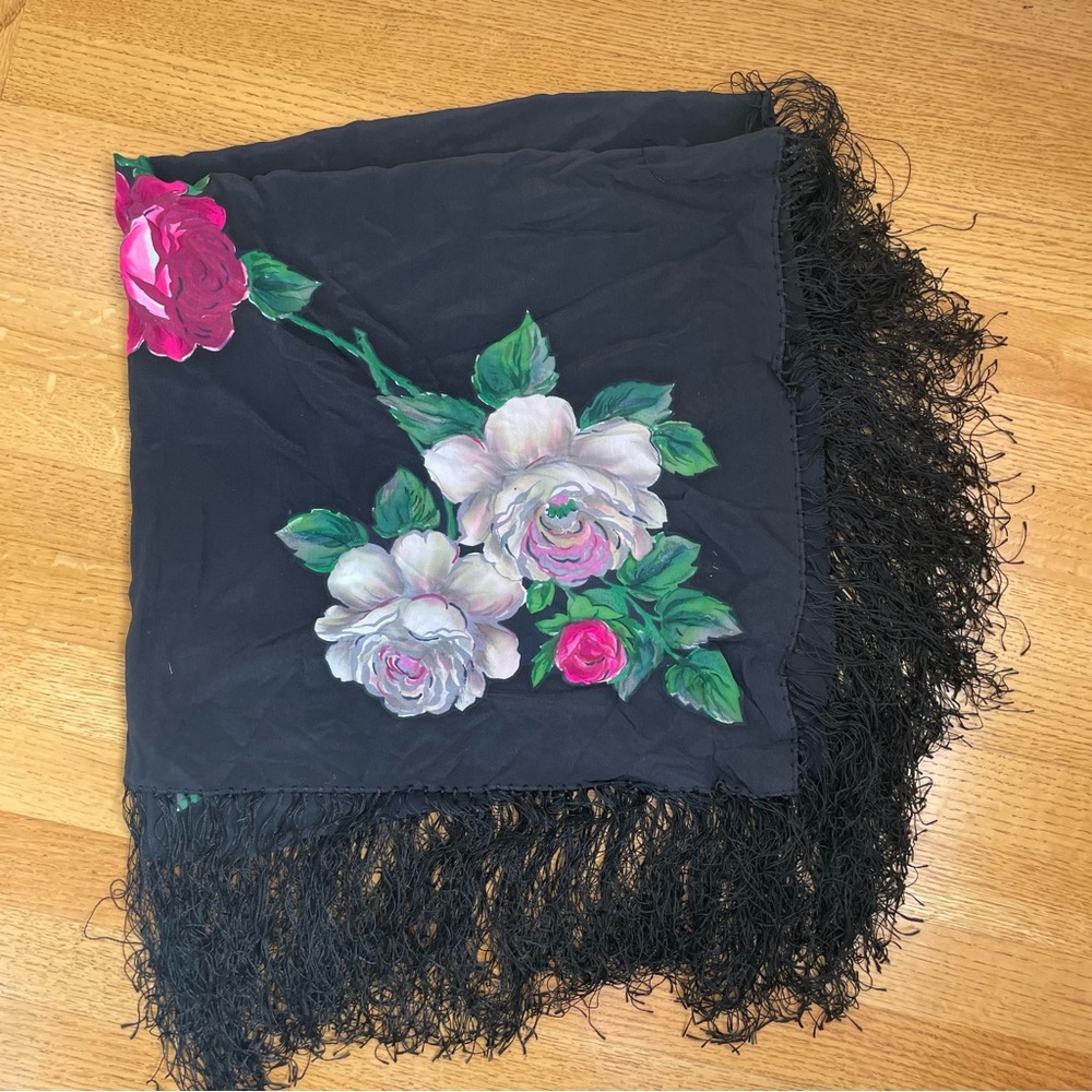 Black Floral Wrap with Fringe Detail 34"x34"